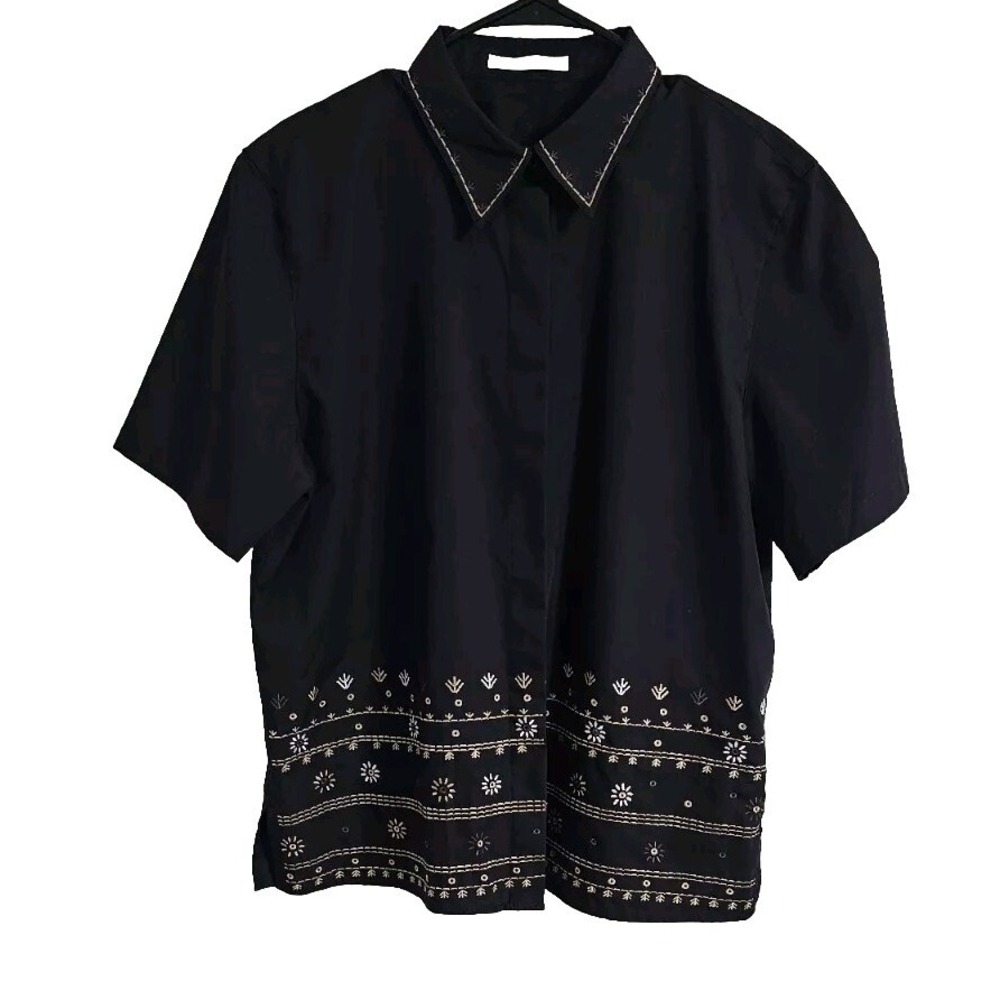 Foxcroft‎ Womens Button-Down Shirt 16 Black Brown Short Sleeve Embroidered